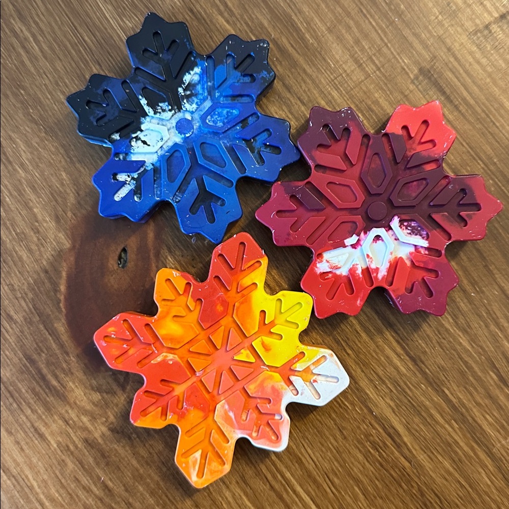 Snowflake Homemade Crayons Set of Three - Blue, Orange and Red